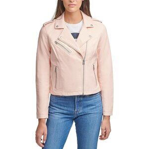 Women's The Classic Faux Leather Jacket Zipper Long Sleeve Scallop Shell Pink